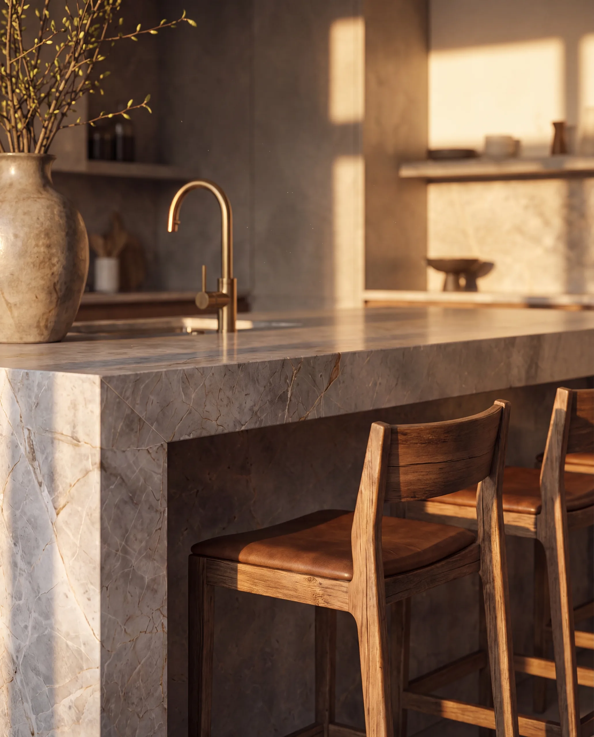 Double-height interior with a marble island and wooden joinery in the late afternoon