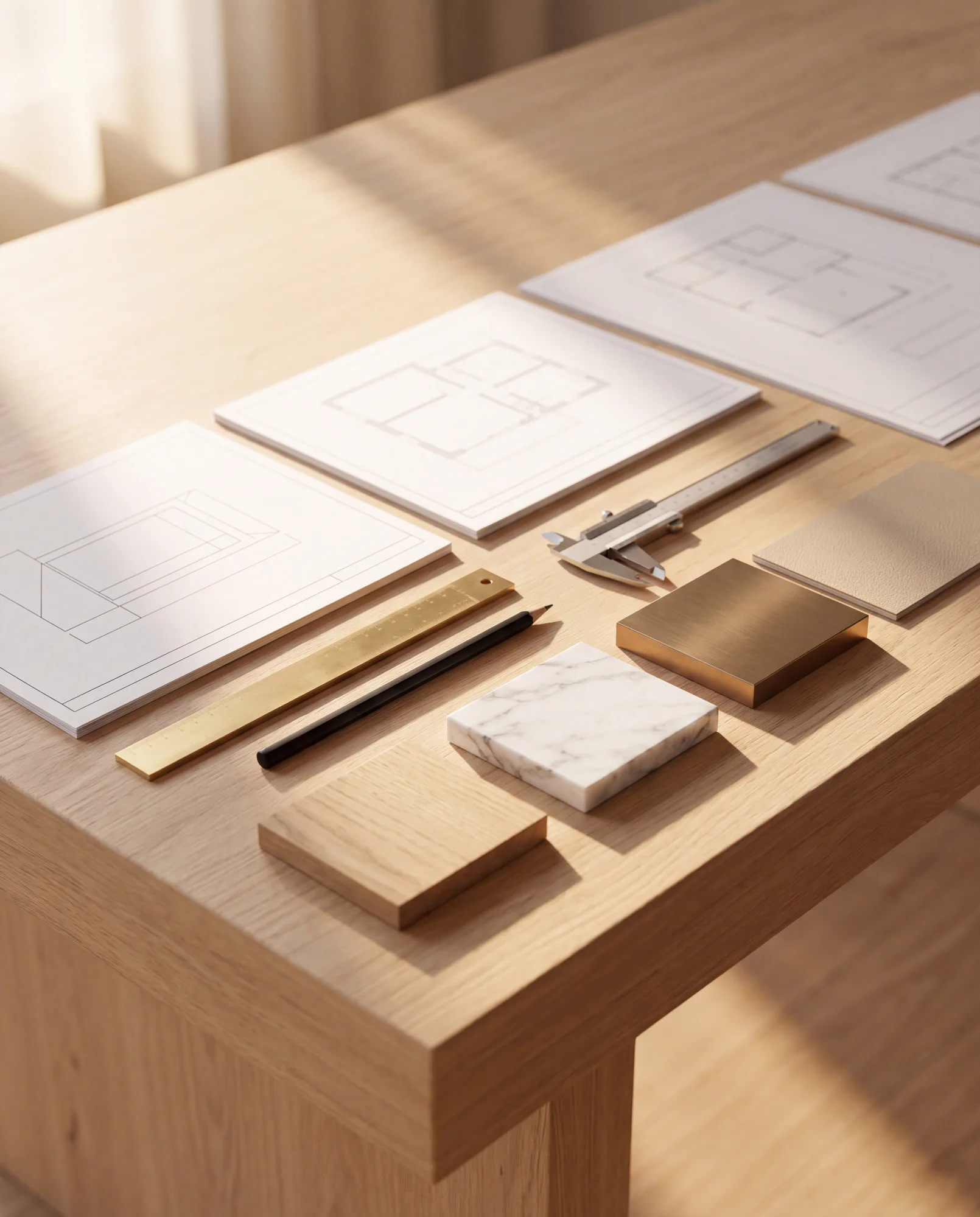 Table en chêne avec dessins techniques, pied à coulisse et échantillons de bois, de marbre et de laiton