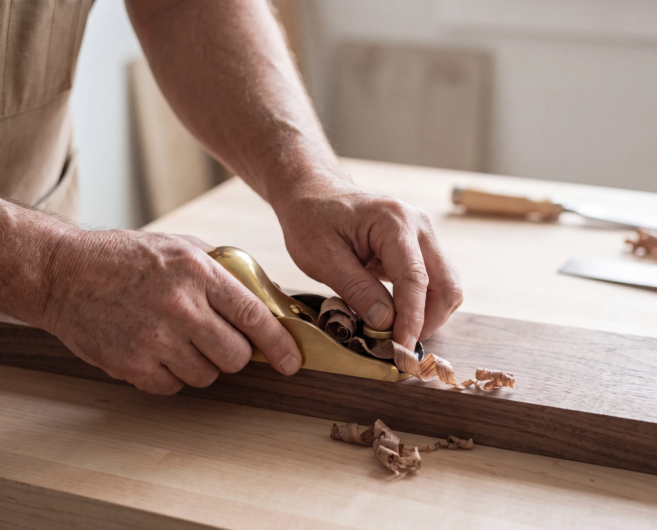Mains rabotant une planche de noyer avec un rabot en laiton