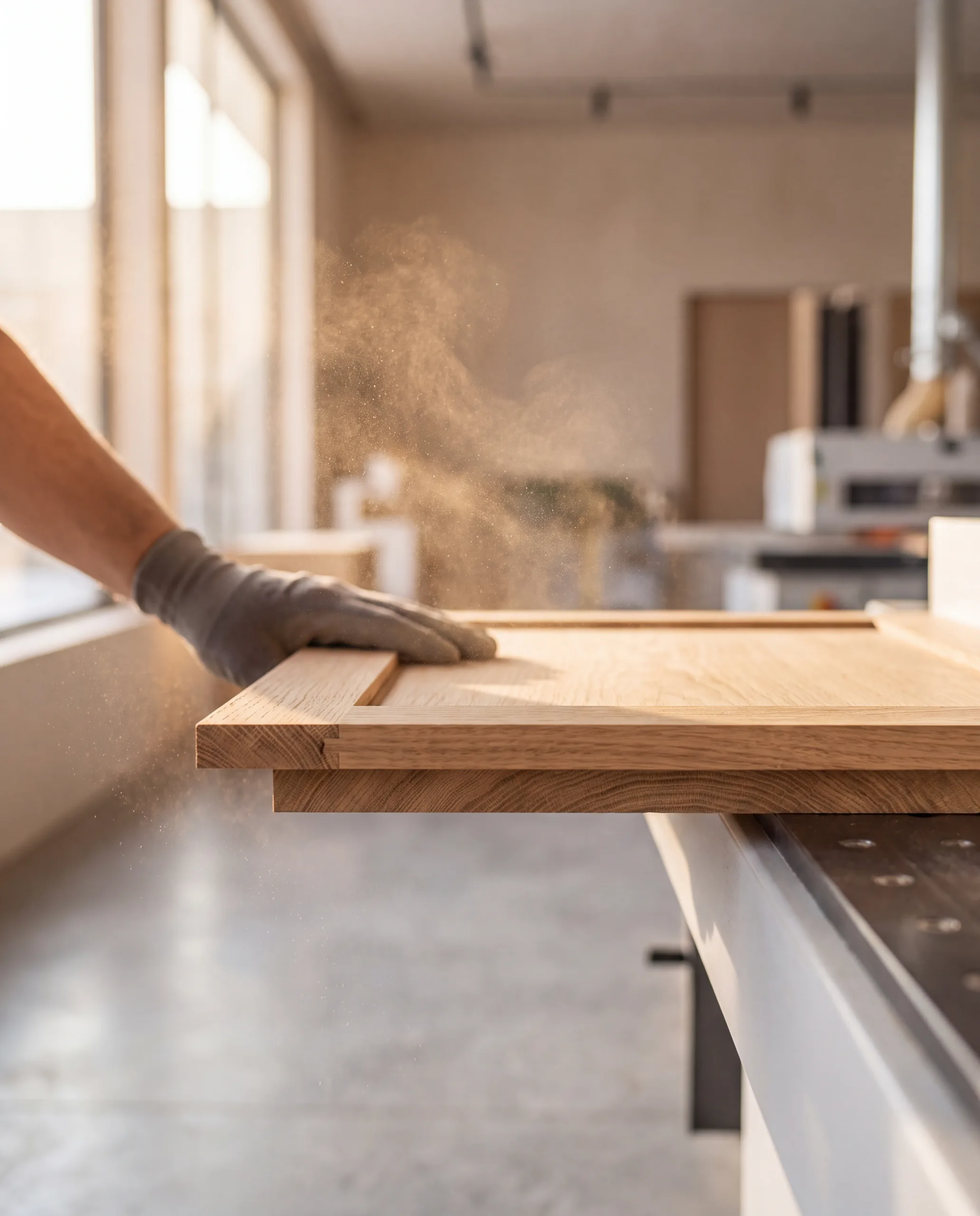 Façade en chêne dans la machine, sciure en suspension dans la lumière de l'atelier